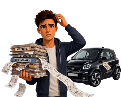 Max mit einem Stapel Kontoauszüge, Rechnungen und Steuerunterlagen, dahinter das Auto mit Preisschild